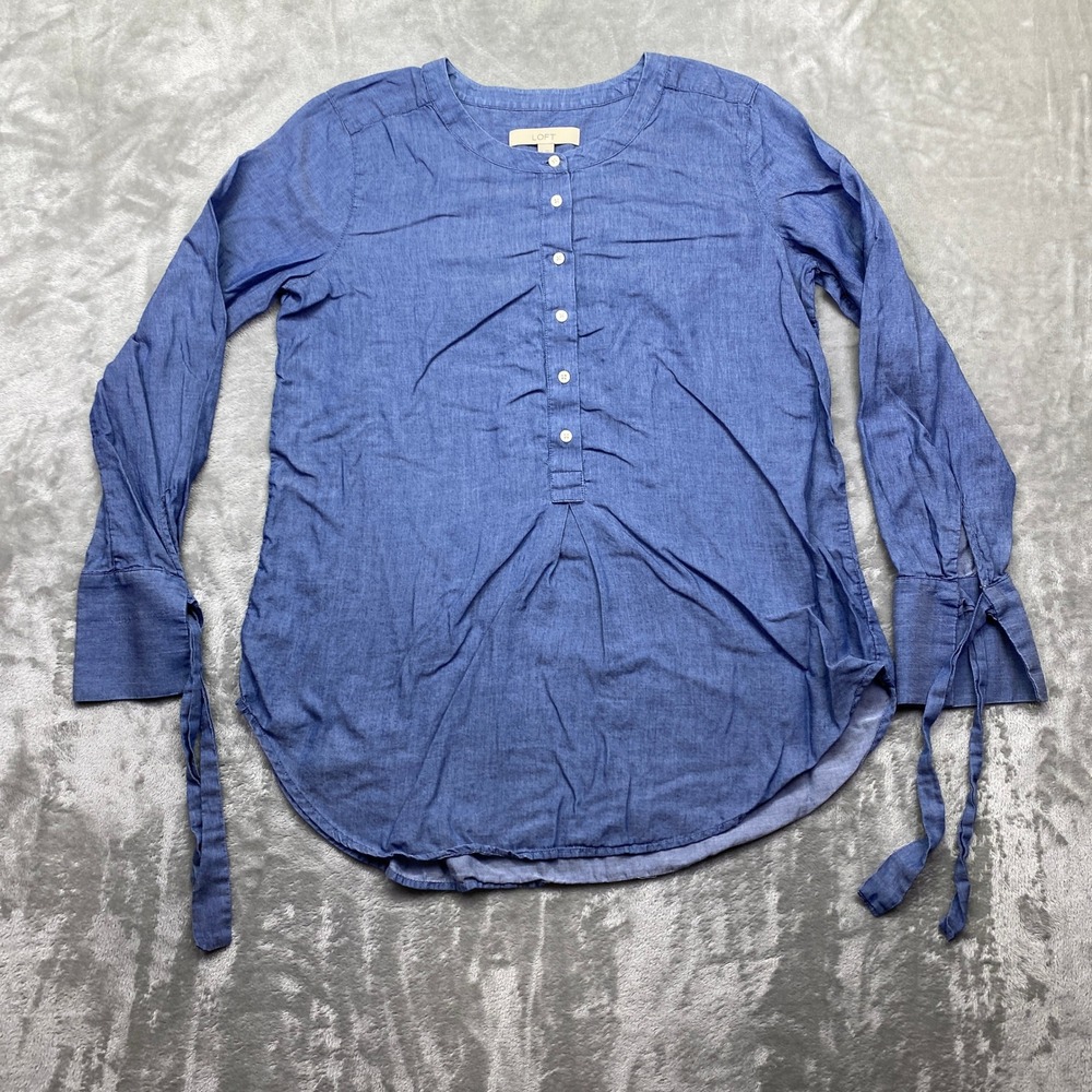 LOFT Chambray Tunic Shirt Blue Button Front Tie Cuff‎ Long Sleeve Size S